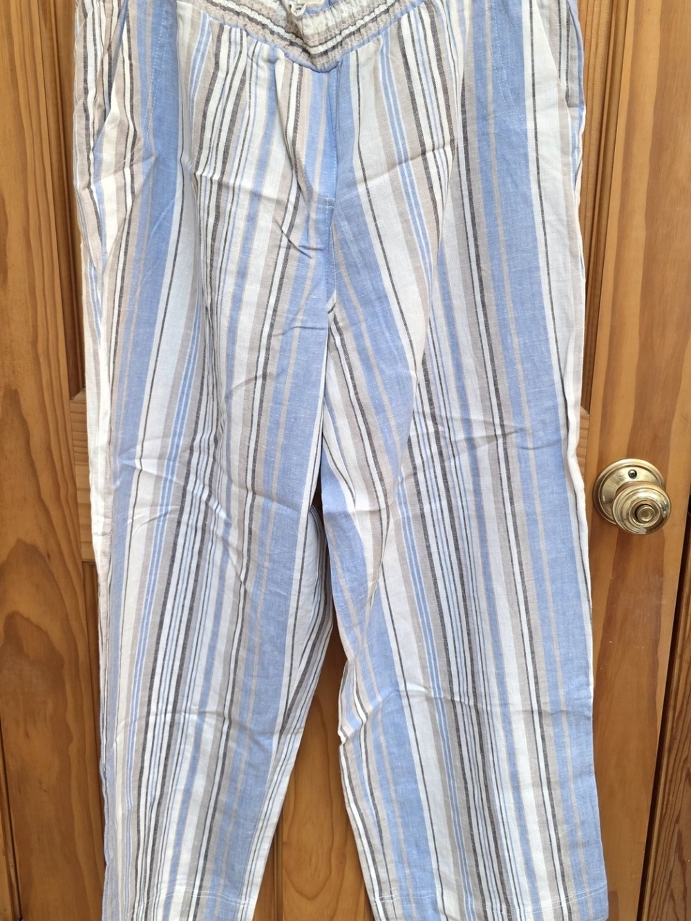 Wide-Leg Striped Cotton Pants - Light Blue & White